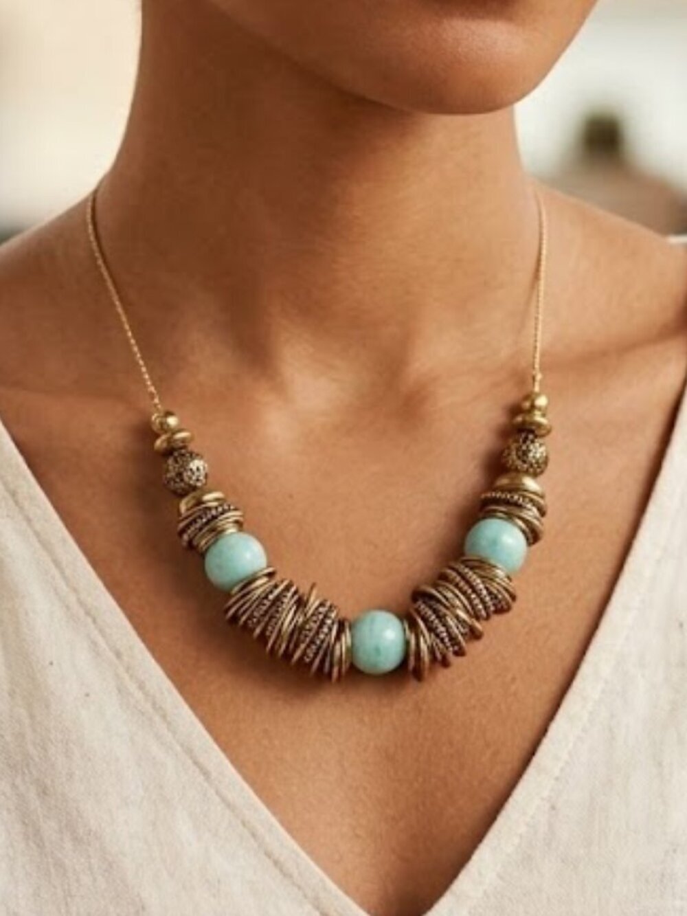 Gold Beaded Necklace with Turquoise Accent Beads